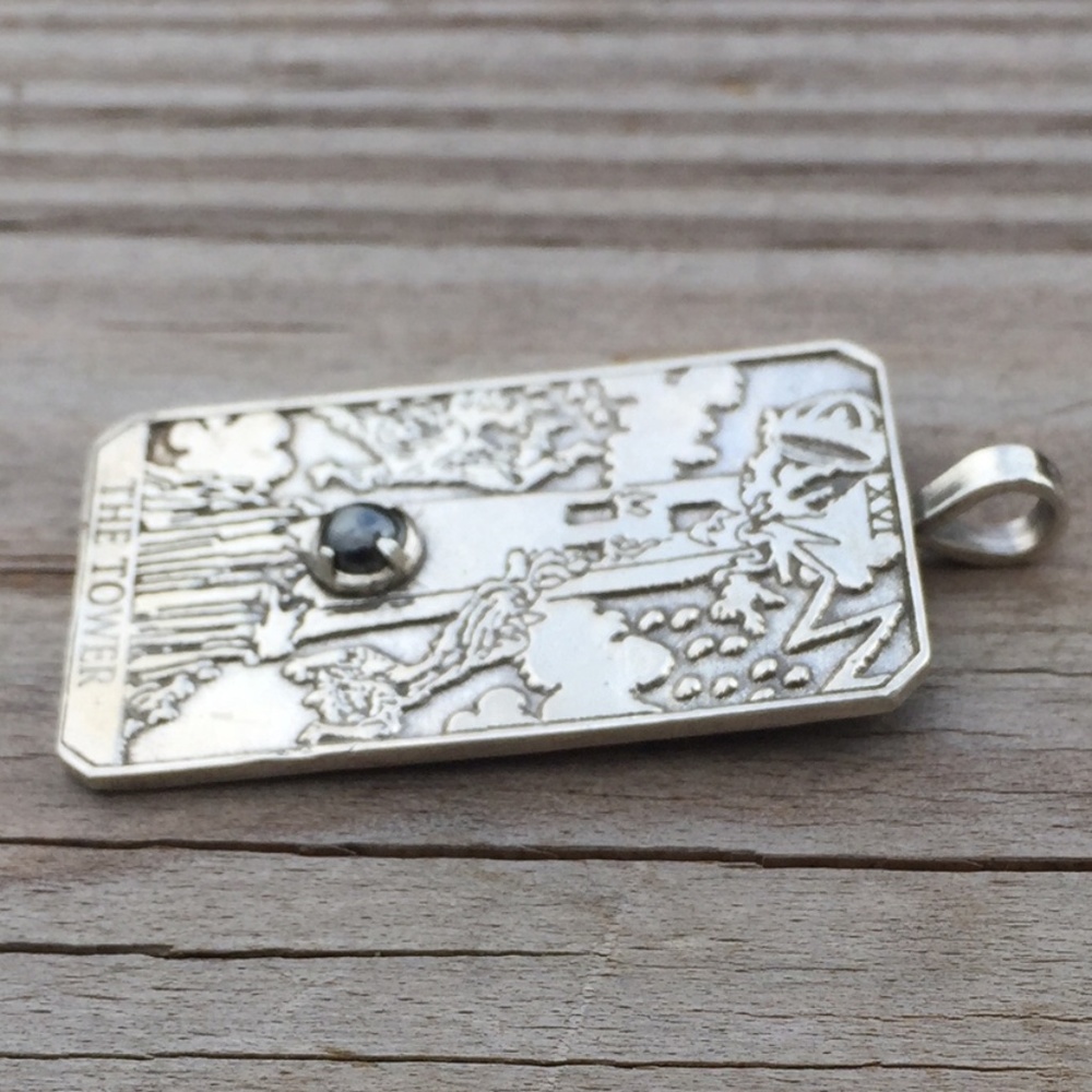 Tower Tarot Card Pendant .925 Sterling Silver w/ genuine Hematite gem USA - Picture 4 of 8